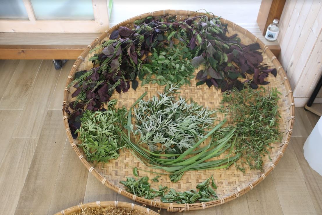 春天的香草，採收後曬乾、磨粉，製作成野菜鹽，搭配料理恰恰好。