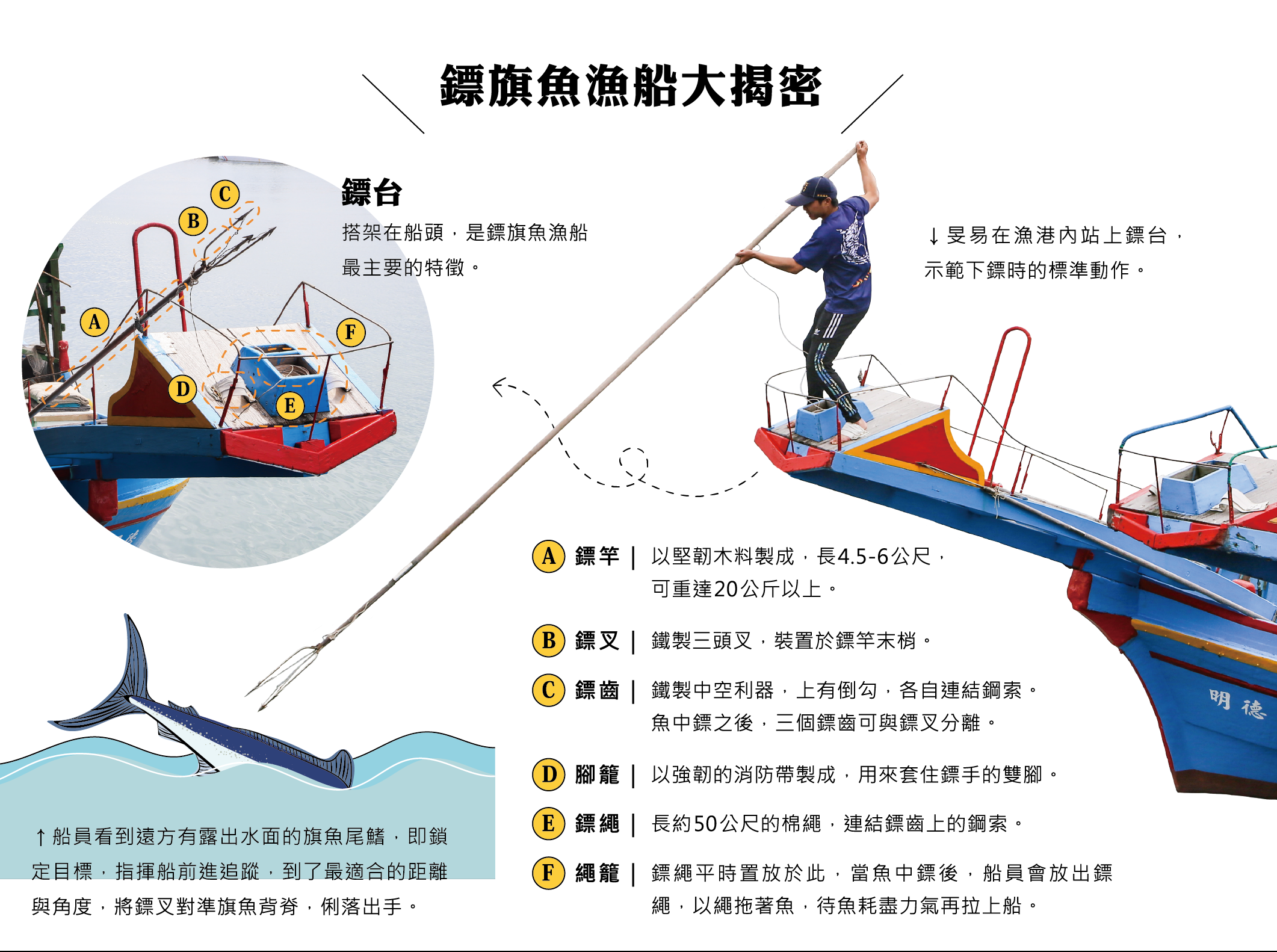 在有著六到八級風浪的海上，必須站在距離海面一層樓高的鏢台，手持約12~20斤的鏢竿，看見魚影後精準判斷、果決出手。